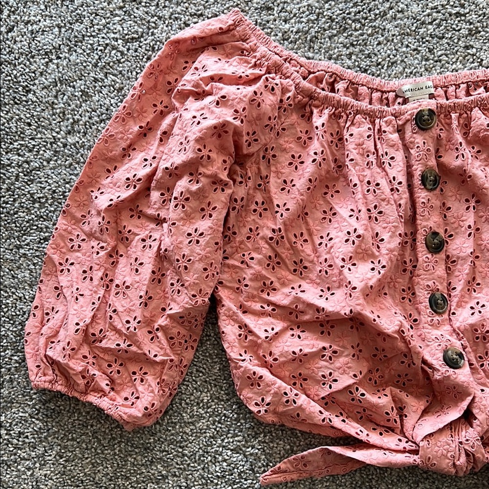 American Eagle Salmon Color Eyelet Tie Front Top - Picture 2 of 7
